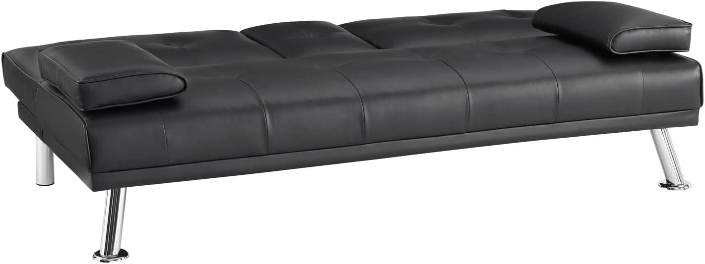 Naomi Home Low Profile Design: Convertible Folding Futon Sofa Bed Sleeper Couch for Living Room Faux Leather Upholstered Futon Sofa with Armrests, Metal Legs, 2 Cup Holders, Black