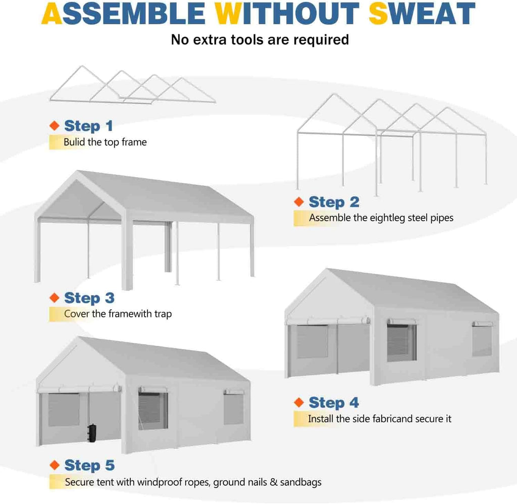JAMFLY 10x20 ft Carport, Heavy Duty Carport with Roll-up Windows, Portable Garage with Removable Sidewalls & Doors, Car Canopy with Sandbags and All-Season Tarp for Car, Truck, Boat, Motorcycle, White