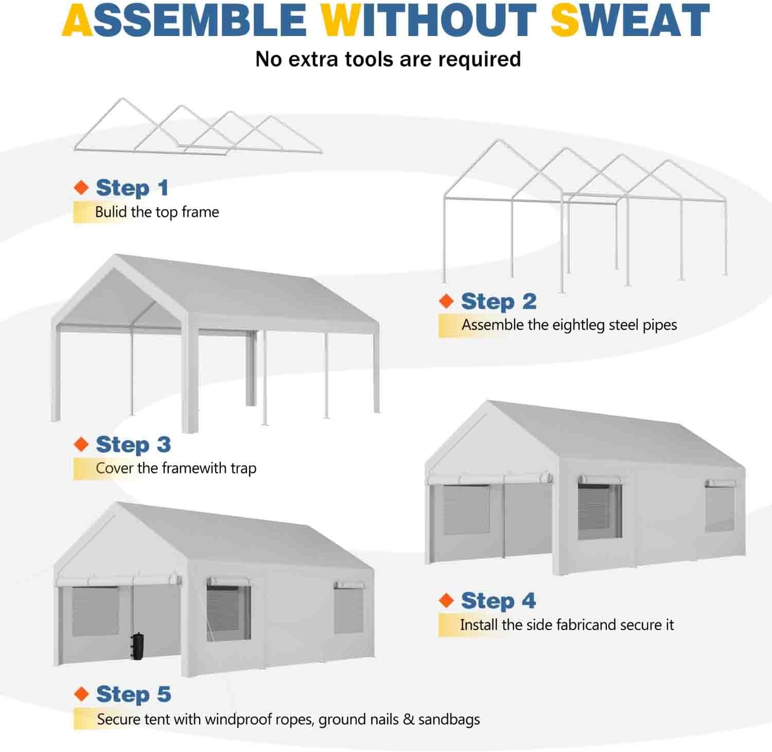 JAMFLY 10x20 ft Carport, Heavy Duty Carport with Roll-up Windows, Portable Garage with Removable Sidewalls & Doors, Car Canopy with Sandbags and All-Season Tarp for Car, Truck, Boat, Motorcycle, White