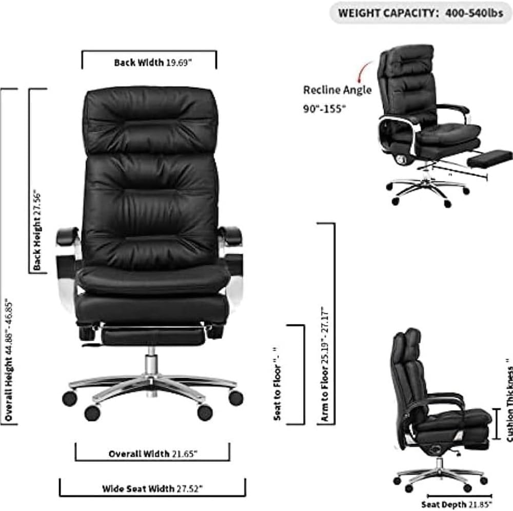 Big and Tall Executive Chair 400 LBS Capacity Adjustable Reclining Back Leather Office Chairs Ergonomic Computer Desk Chair with Armrests and Retractable Footrest
