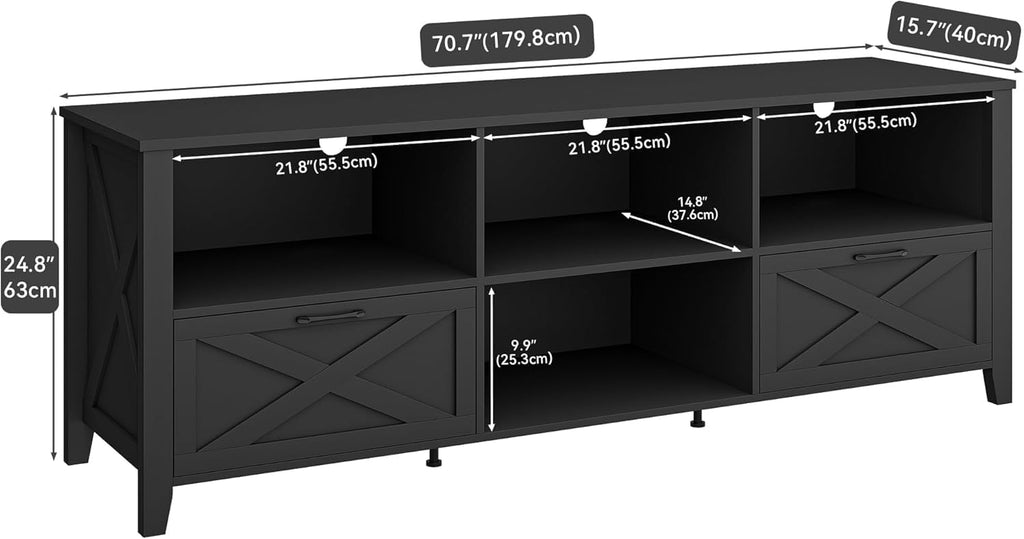 YITAHOME 70 Inch Farmhouse TV Stand with LED Lighting, Fits TVs up to 80 Inches, Media Console with Storage and Customizable Divider, Entertainment Center for Living Room (Black)