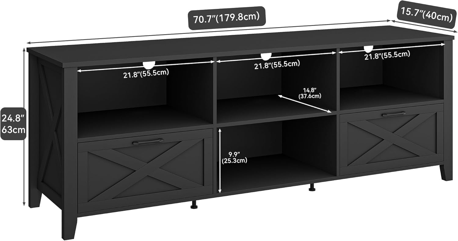 YITAHOME 70 Inch Farmhouse TV Stand with LED Lighting, Fits TVs up to 80 Inches, Media Console with Storage and Customizable Divider, Entertainment Center for Living Room (Black)