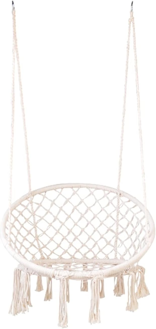 Swings Seats Handwoven Cotton Macrame Hammock Hanging Chair Swing for Indoor & Outdoor Use with Backrest, Children's Tassel Swing Hanging Basket Swing Set(White)