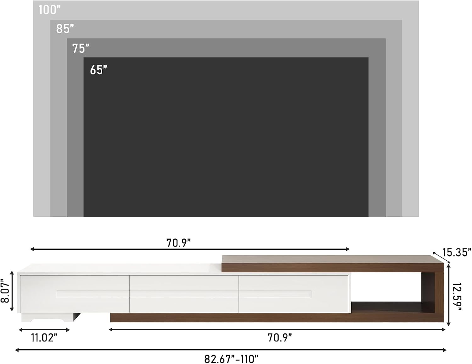 Hlivelood Extendable TV Stand, Modern Entertainment Center for Up to 120 Inch TV, Wood Reversible TV Media Console with 3 Drawers for Living Room Bedroom, 82-110'(White& Walnut)