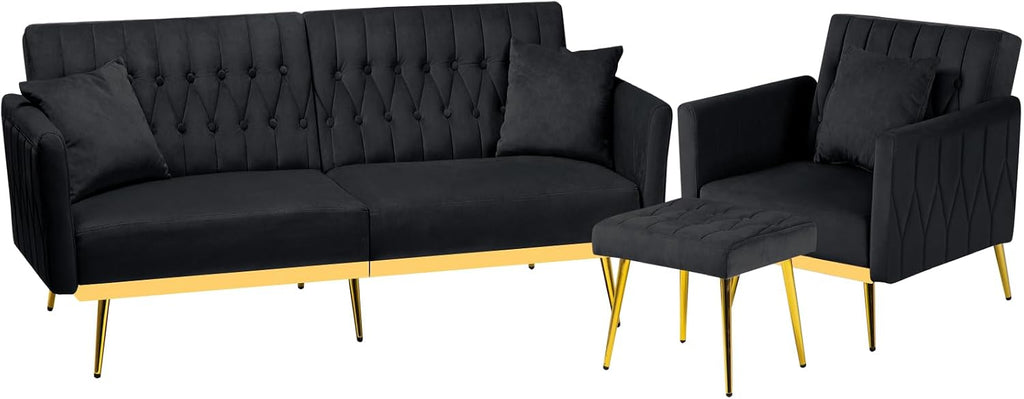 2 Pieces Velvet Sofa Set with Adjustable Armrest and Backrest, 70' Convertible Futon Sofa Bed & Mordern Accent Chair with Ottoman for Living Room, Bedroom, Black
