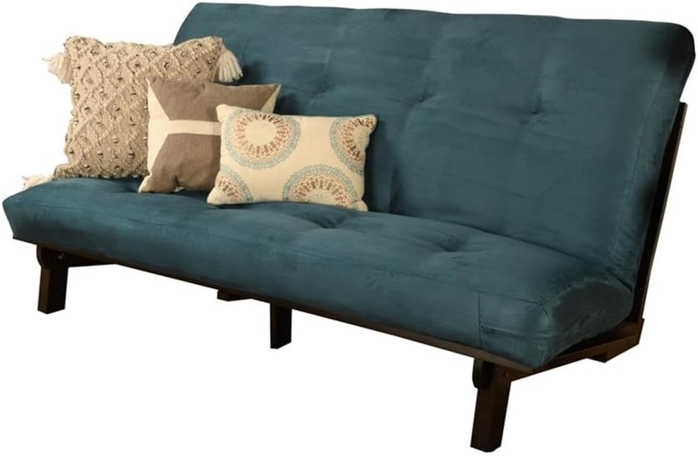 Kodiak Furniture Carson Full Size Futon Frame and Mattress Set - Java Brown Finish Wood Futon Frame with Mattress Included in Suede Blue Color