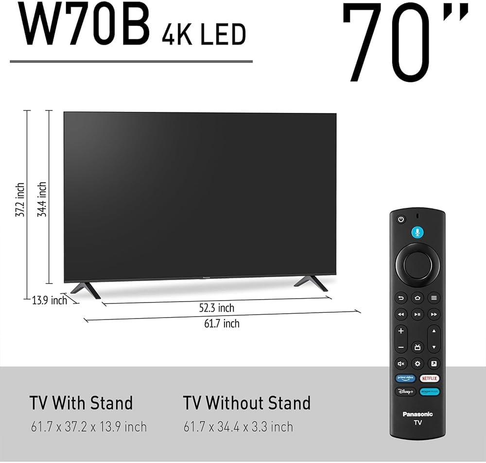 Panasonic TV-70W70BP W70 Series 70 inch LED 4K Ultra HD Smart Fire TV Bundle with WN10 Neck Speaker, 4 YR CPS Enhanced Protection, 2X HDMI Cable & Deco Gear Complete Home Theater Beginner's Guidebook