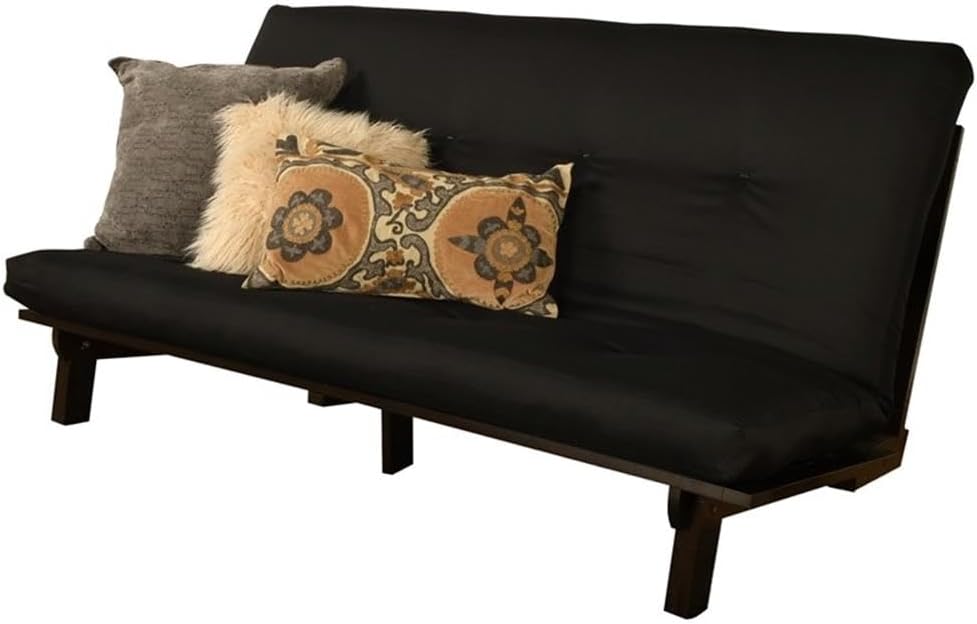 Kodiak Furniture Carson Full Size Futon Frame and Mattress Set - Java Brown Finish Wood Futon Frame with Mattress Included in Twill Black Color