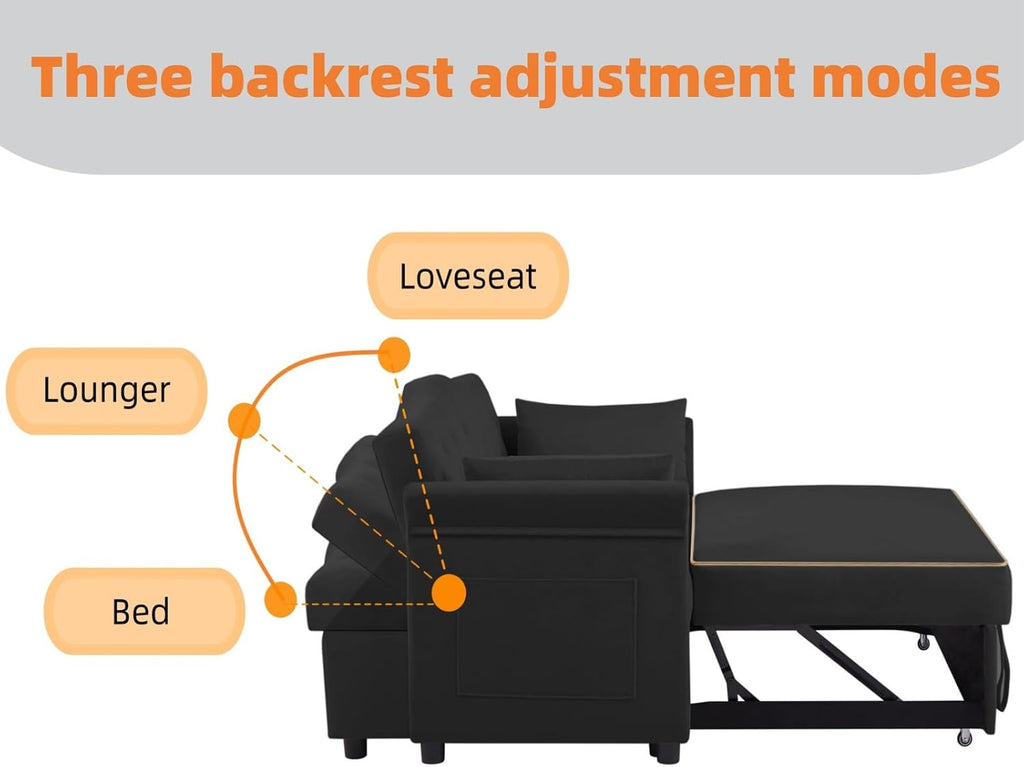 oaaktu 57-Inch Velvet Full Size Sleeper Sofa Couch with Pullout Bed,Convertible Pull Out with Golden Decorative Strip and Adjustable Backrest for Small Spaces,Apartment, Guest Room, RV (Black)