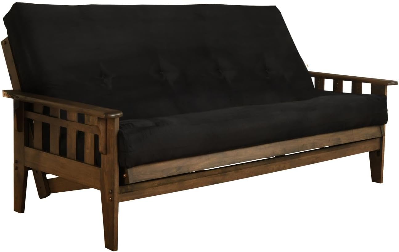 FutonX Rustic Walnut Frame and Mattress Set with Choice to add Drawers, 8 Inch Innerspring Futon Sofa Bed Full Size Wood (Black Matt and Frame (No Drawers))