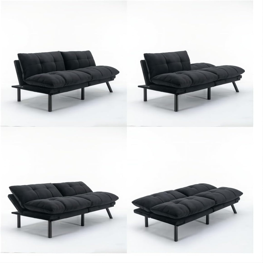 Convertible Futon Sofa Bed for Small Spaces, Modern Multi-Functional Sleeper with Adjustable Backrest, Tufted Brown Fabric Couch for Living Room, Apartment, Dorm (Black)