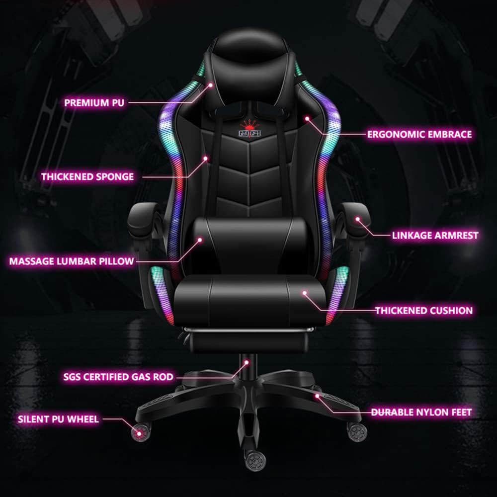 Gamer Chairs for Adults with Speakers, Ergonomic Gaming Chair with RGB LED Light, with Lumbar Support and Foot Rest, Massage Game Chair for Game Recreation Room,Red
