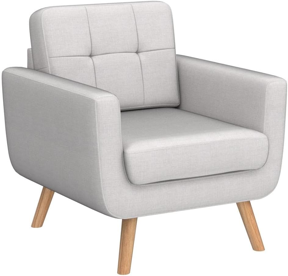 Tbfit Linen Fabric Single Sofa, Accent Chair, Mid Century Modern Armchair for Living Room, Bedroom Button Tufted Upholstered Comfy Reading Sofas, Beige