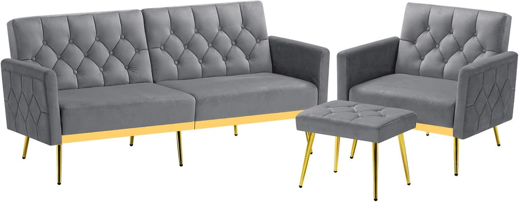 2 Pieces Velvet Sofa Set w/Adjustable Armrests and Backrests, Tufted Accent Chair w/Ottoman, Convertible Futon Sofa Bed for Bedroom, Living Room, Apartment, Grey
