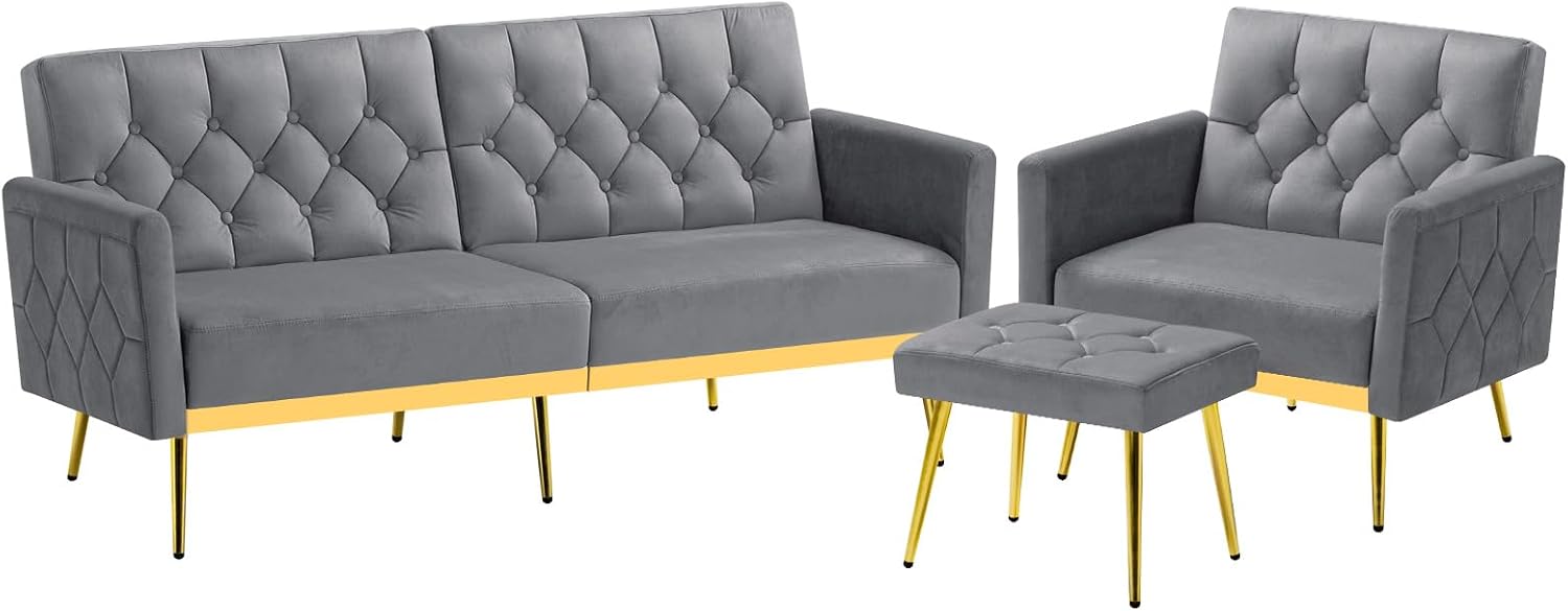 2 Pieces Velvet Sofa Set w/Adjustable Armrests and Backrests, Tufted Accent Chair w/Ottoman, Convertible Futon Sofa Bed for Bedroom, Living Room, Apartment, Grey