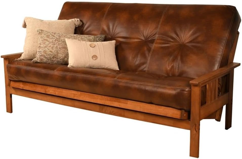 Pemberly Row 75' Traditional Full-Size Faux Leather Futon Mattress with Hinged Innerspring, Foam Construction, in Saddle Brown Finish, Frame Not Included