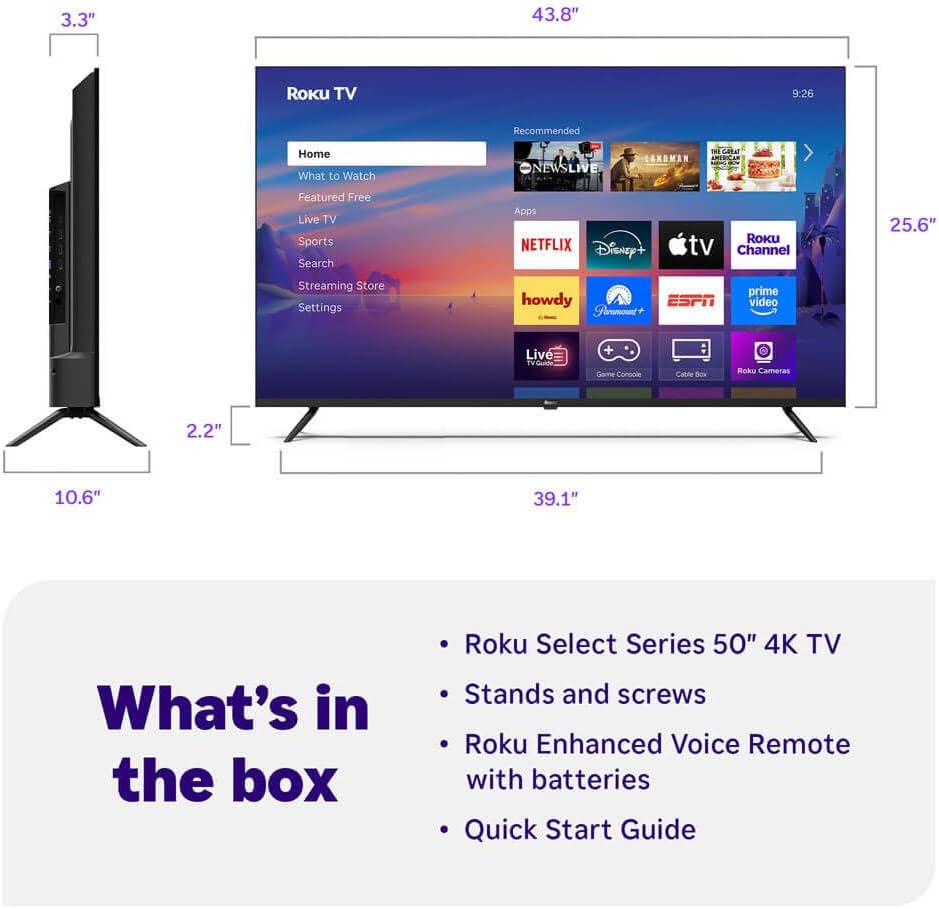 Roku 75-Inch Select Series 4K UHD Smart TV - HDR, Dolby Audio, Compatible with Alexa, Voice Remote, Bluetooth Mode, w/AUX HDMI Cable, CPS 1-Year Protection Plan + Streaming
