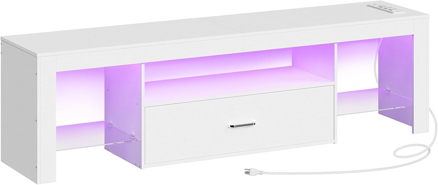 HOOBRO LED TV Stand with Power Outlets to 65 inch TV, Gaming Entertainment Center with Glass Shelves and Large Drawer, Modern Media TV Console Table for Living Room Bedroom, White WT14UDDS01