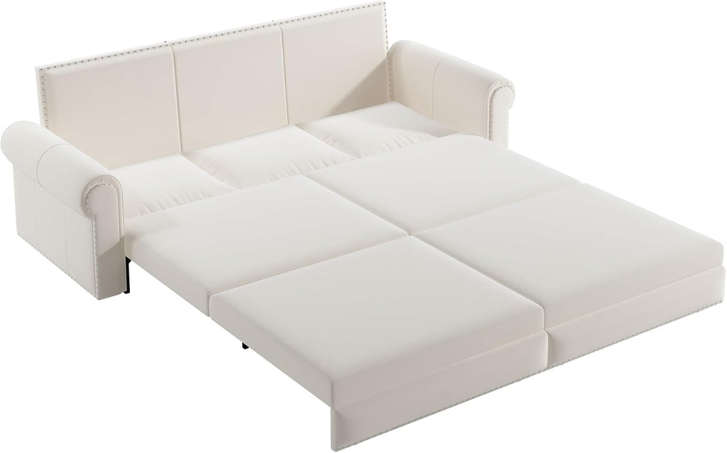 93.7' King Pull Out Sofa Bed, Velvet Sleeper Sofa Couch, 3 in 1 Convertible Futon Couches for Living Room, Small Space, Apartment, Office, Bedroom, Modern Rivet Armrest, Beige