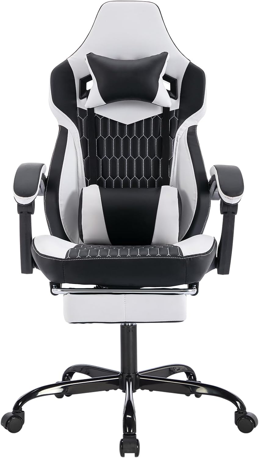 Gaming Chair with Massage and Footrest, Ergonomic High Back PC Racing Chair, 300LBS Capacity with Adjustable Lumbar Support & Headrest for Office and Desk (Model B, Black+White)