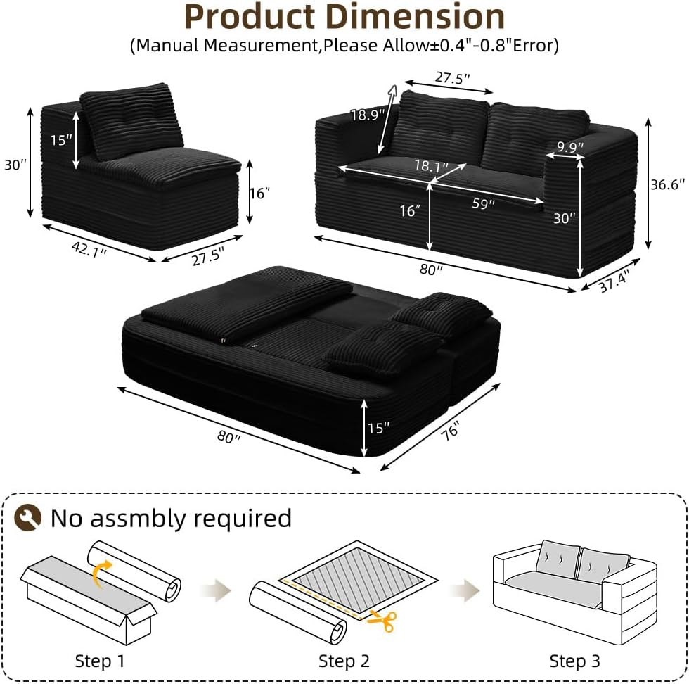 80'' Futon Sofa Bed, King Size Foldable Sleeper Sofa, Corduroy Boneless Loveseat Couch with Chaise Lounge, 3 Pillows, Blanket, Upholstered Sectional Couches for Living Room, Bedroom, Black