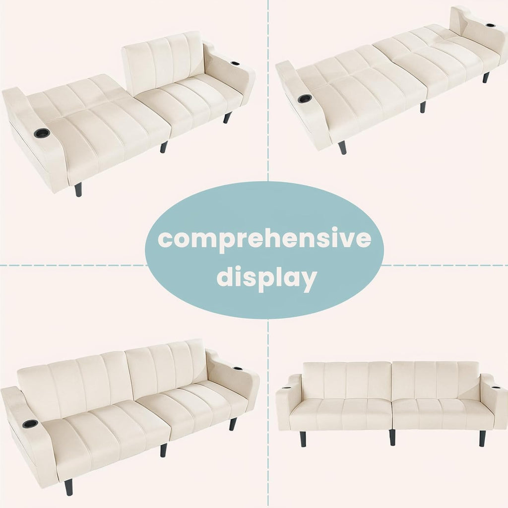 80' Velvet Futon Sofa Bed, Convertible Sleeper Loveseat with Cup Holders & Storage Pockets, Mid Century Modern Couch for Living Room, Bedroom, Office, Small Space (Off-White)