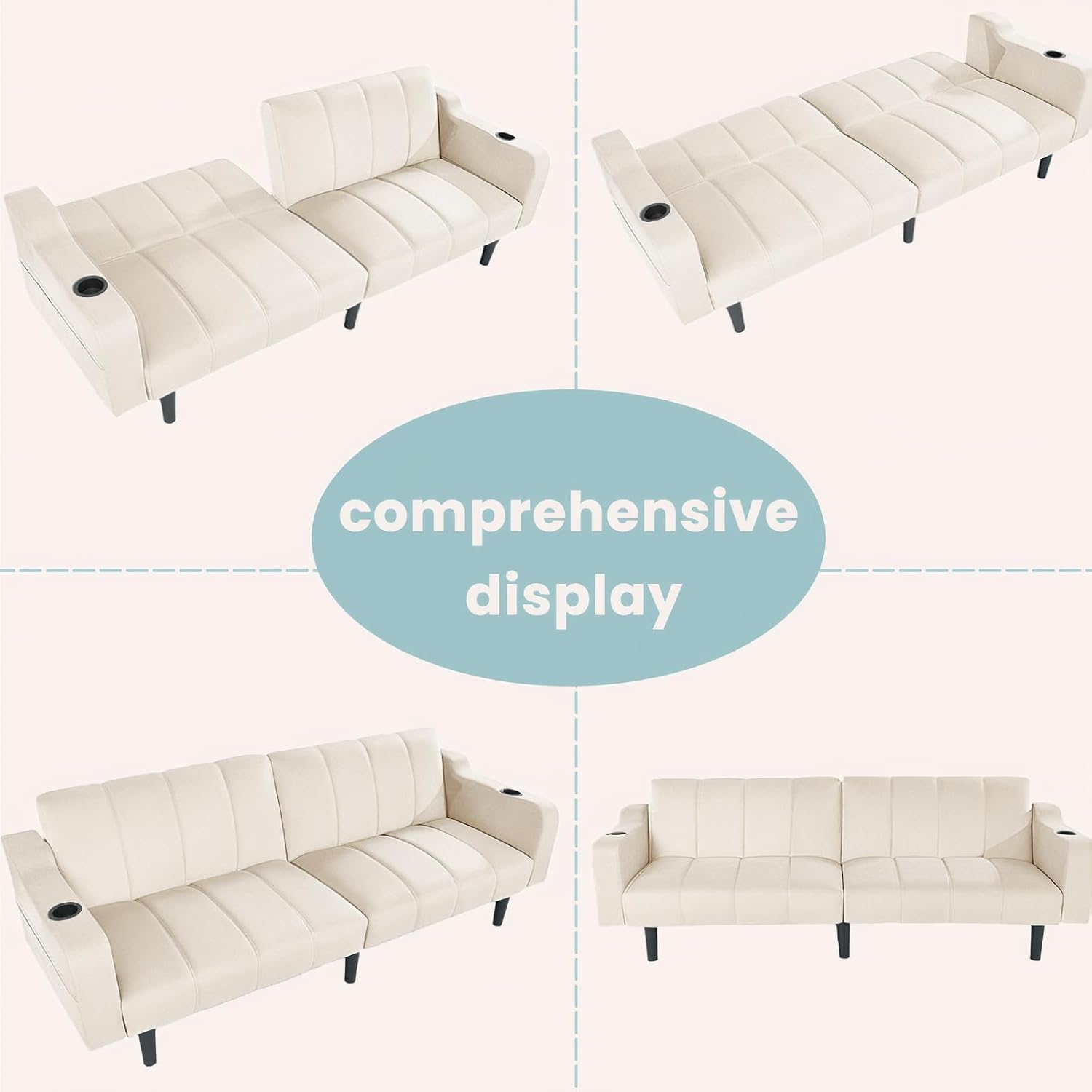 80' Velvet Futon Sofa Bed, Convertible Sleeper Loveseat with Cup Holders & Storage Pockets, Mid Century Modern Couch for Living Room, Bedroom, Office, Small Space (Off-White)