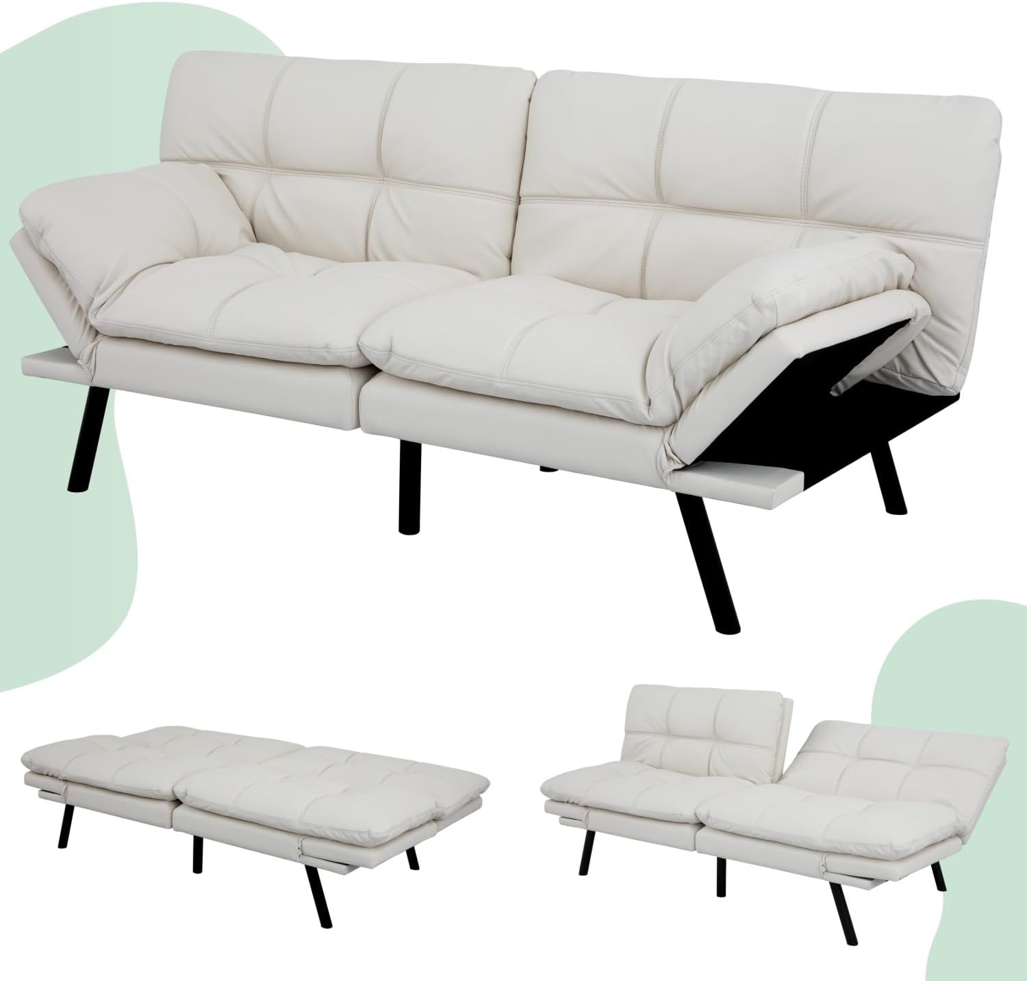 MUUEGM 71' Futon Sofa Bed, Convertible Couch Filled with Memory Foam, Modern Loveseat with Adjustable Backrest&Armrest, Sofas for Living Room,Game Room,Dormitory,Office.White Leather