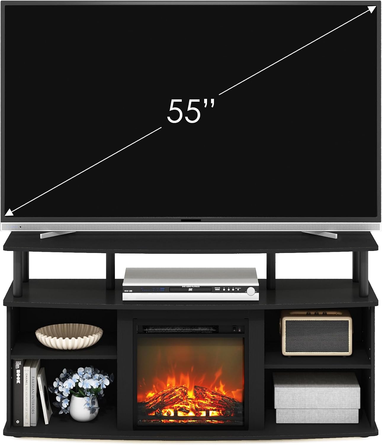 Furinno Jensen Fireplace TV Stand, Entertainment Center, TV Console for TV up to 55 Inch with Fireplace and Open Shelving Storage, for Living Room, Bedroom, Americano