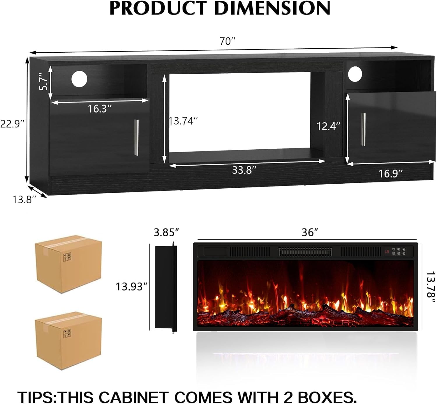 LEMBERI Fireplace tv Stand with 36 inch Fireplace Up to 80' TVs,LED Light Entertainment Center and Storage, 70' Modern Wood Media TV Console with Highlight Cabinet for Living Room