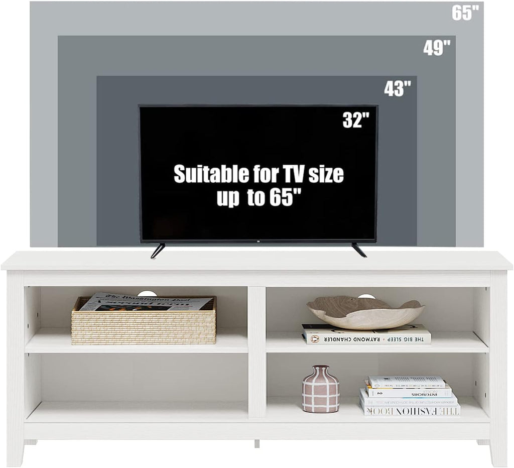 Gyger Modern TV Stand for 65 inch TV, White Wood TV Cabinet with 4 Open Storage Shelves, Fits 50-65 Inch TVs, 55 Inches W x 15 Inches D x 22.8 Inches H