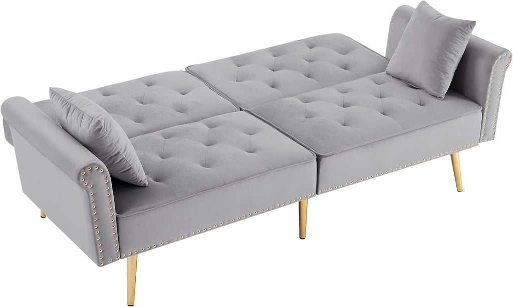 hansones 69.6' Velvet Tufted Sofa Couch, Copper Nail Decoration Accent Sofa with Metal Legs, 2 Pillows & Nailhead Trim, Convertible Futon Couch Sleeper Sofa Loveseat Futon Sofa Bed for Living Room