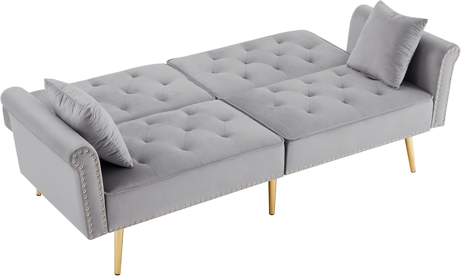 hansones 69.6' Velvet Tufted Sofa Couch, Copper Nail Decoration Accent Sofa with Metal Legs, 2 Pillows & Nailhead Trim, Convertible Futon Couch Sleeper Sofa Loveseat Futon Sofa Bed for Living Room