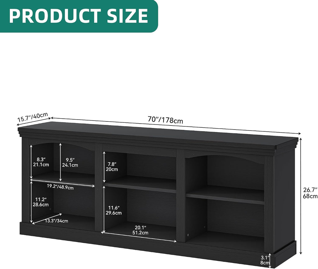 YITAHOME Farmhouse TV Stand with Cord Management for 75/80 Inch TV, Entertainment Center with Adjustable Shelf & Open Storage, 70' TV Console Table for Living Room (Black)