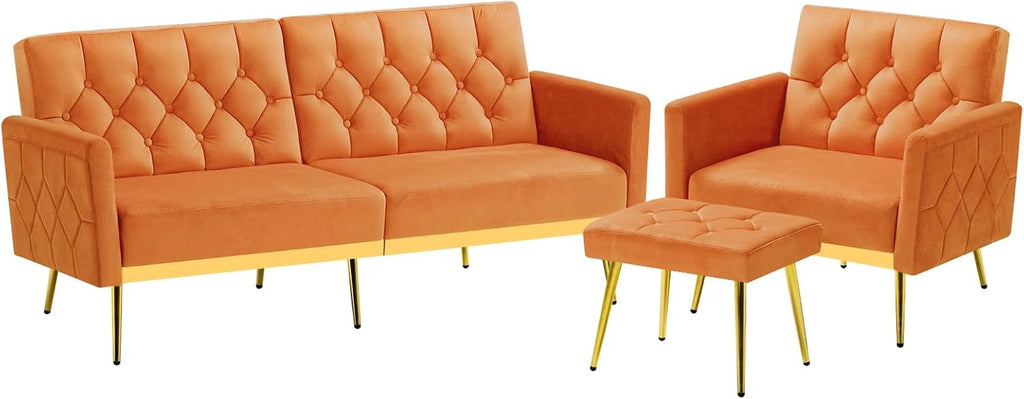 2 Pieces Velvet Sofa Set w/Adjustable Armrests and Backrests, Tufted Accent Chair w/Ottoman, Convertible Futon Sofa Bed for Bedroom, Living Room, Apartment, Orange