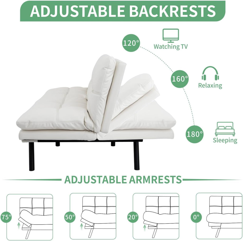 MUUEGM 71' Futon Sofa Bed, Convertible Couch Filled with Memory Foam, Modern Loveseat with Adjustable Backrest&Armrest, Sofas for Living Room,Game Room,Dormitory,Office.White Leather