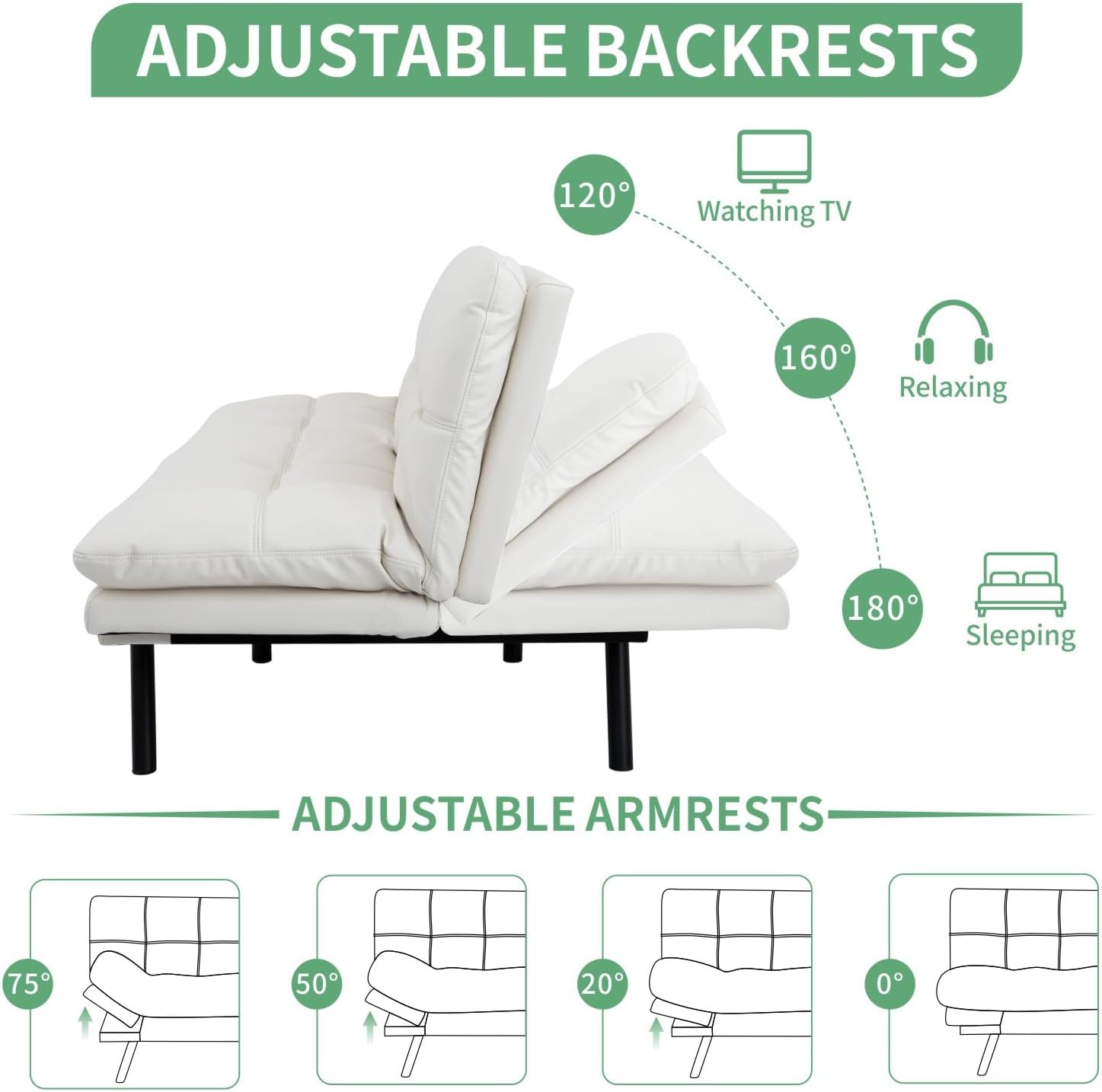 MUUEGM 71' Futon Sofa Bed, Convertible Couch Filled with Memory Foam, Modern Loveseat with Adjustable Backrest&Armrest, Sofas for Living Room,Game Room,Dormitory,Office.White Leather