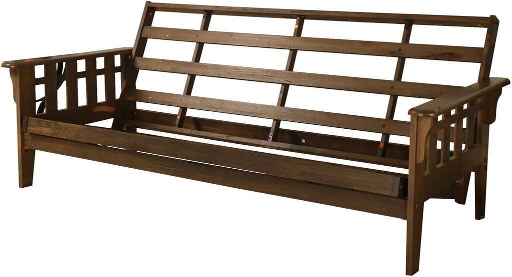 Tucson Rustic Walnut Frame and Mattress Set with Choice to add Drawers, 8 Inch Innerspring Futon Sofa Bed Full Size Wood (Kodiak Bear Matt and Frame (No Drawers))