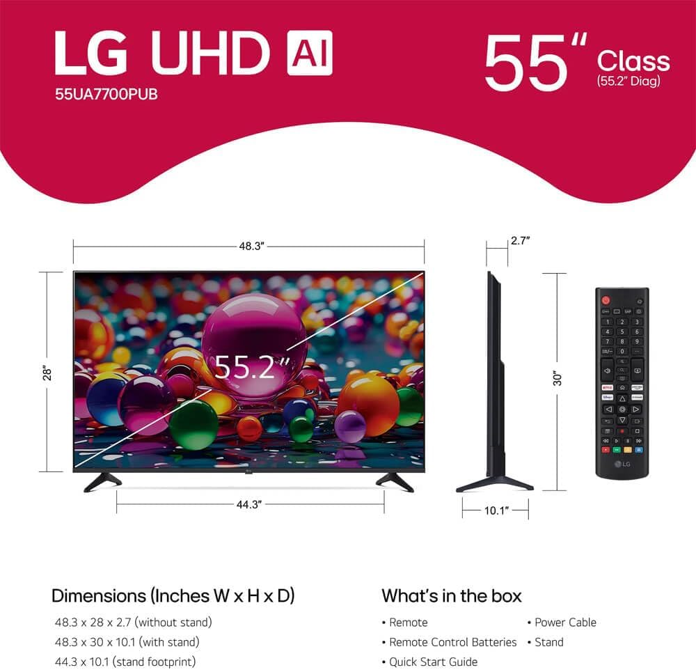 LG 55 Inch Class UA77 Series LED AI 4K Smart webOS TV (2025 Model) + HDMI Cable + 12 Month CPS Warranty + Streaming Bundle – HDR10, ThinQ AI, Wi-Fi 6, Voice Control, Slim Design (55 inch)
