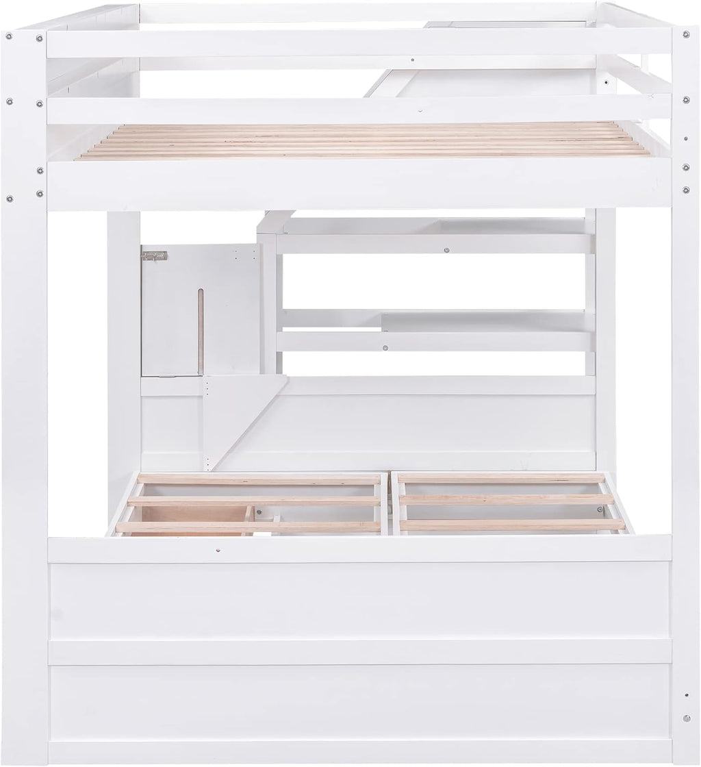 Harper & Bright Designs Full Over Full/Futon Bunk Beds with Stairs and 3 Drawers, Built-in Shelf, Bottom Bed can be Converted into Daybed, Solid Wood Bunk Bed Frame (White)