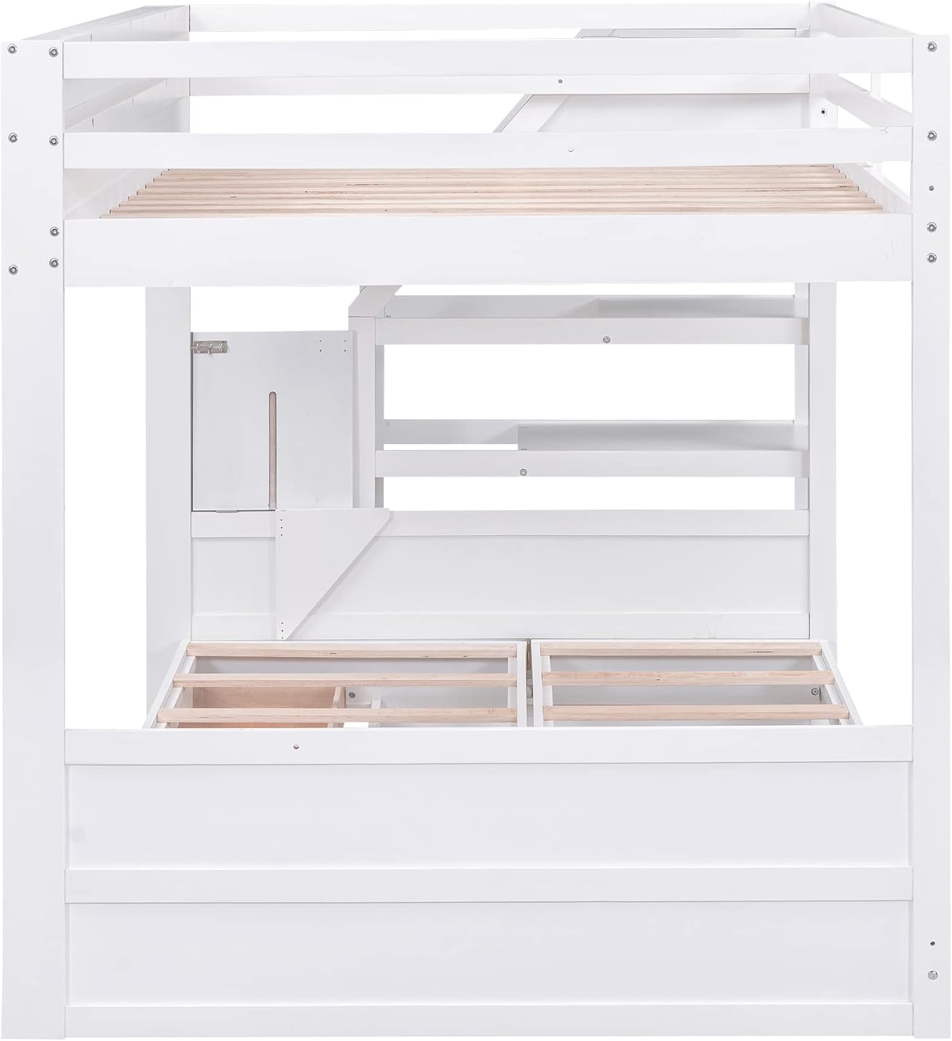 Harper & Bright Designs Full Over Full/Futon Bunk Beds with Stairs and 3 Drawers, Built-in Shelf, Bottom Bed can be Converted into Daybed, Solid Wood Bunk Bed Frame (White)