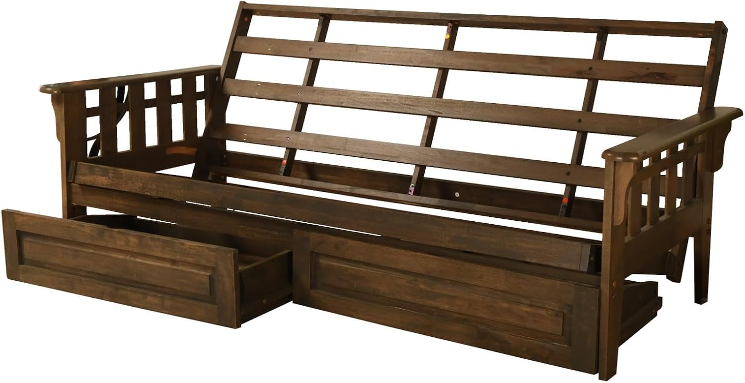 FutonX Rustic Walnut Frame and Mattress Set with Choice to add Drawers, 8 Inch Innerspring Futon Sofa Bed Full Size Wood (Grey Matt, Frame and Drawers)