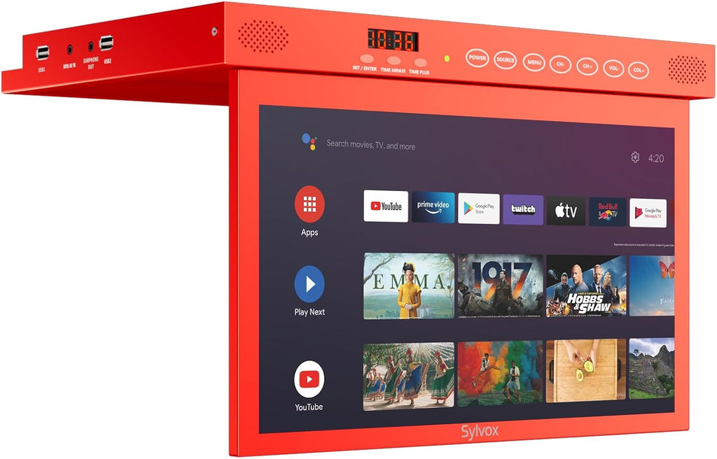 SYLVOX 15.6' Under Cabinet Smart TV – 360° Rotation, 90° Flip-Down Screen, Wireless Connectivity, Space-Saving Design for Kitchen, Bedroom, or RV. (Crimson)