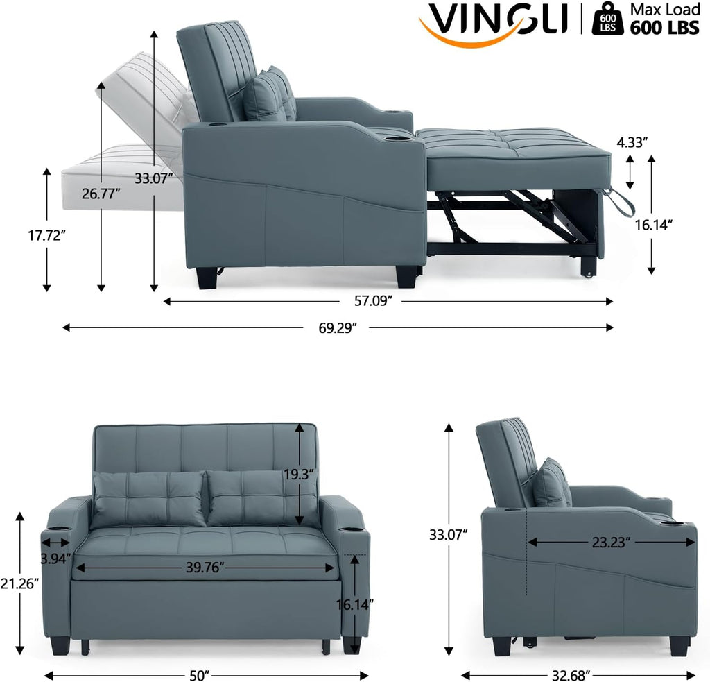 VINGLI Futon Sofa Bed Convertible Loveseat Sleeper Couch, Blue Grey Faux Leather Pull Out Couch Bed with USB Ports, Cup Holders, Armrest for Living Room, Bedroom Apartment Room