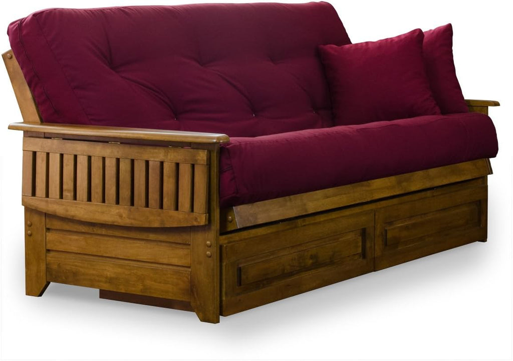 Brentwood Tray Arm Queen Size Wood Futon Frame and Storage Drawers - Heritage Finish