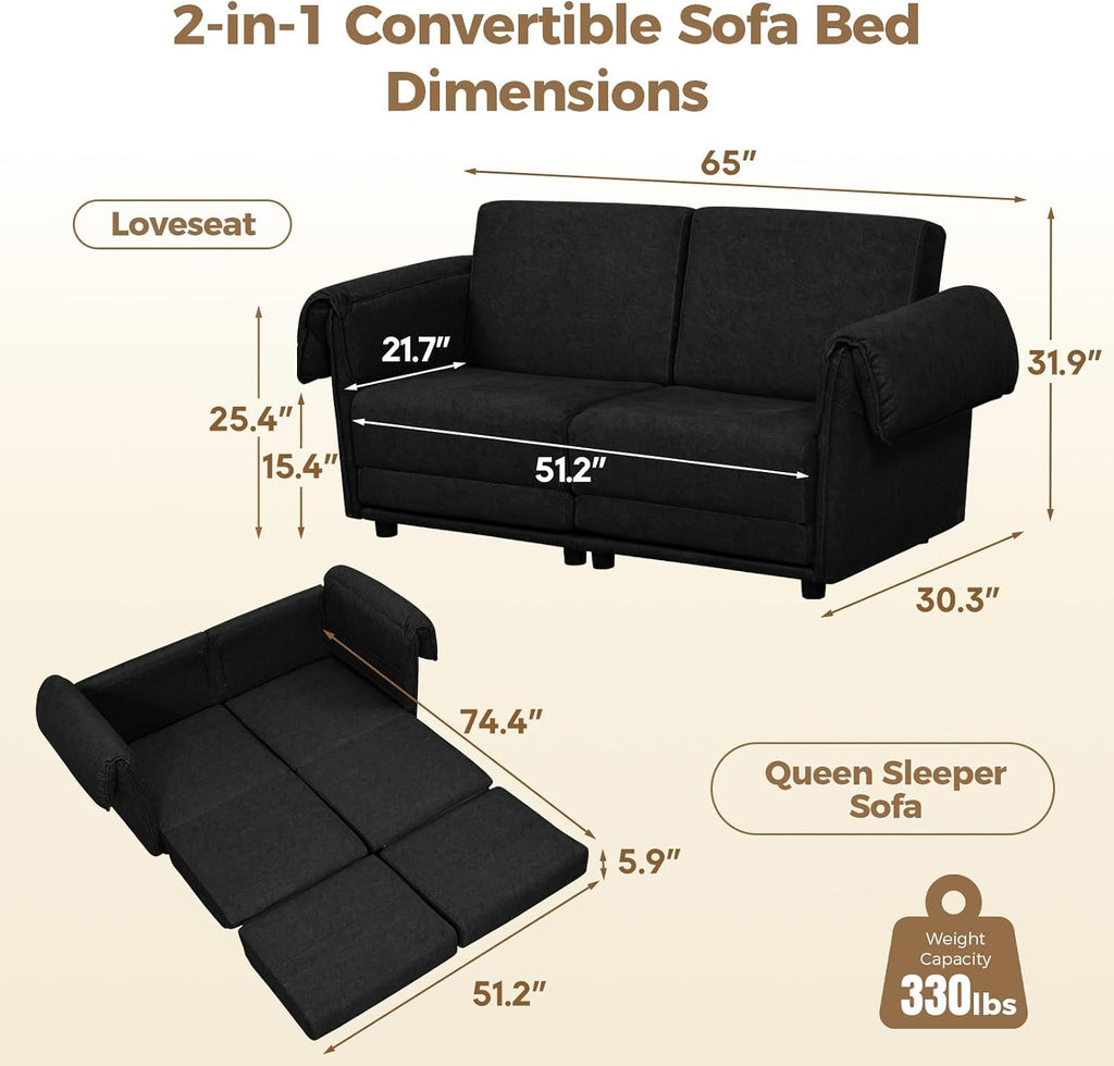FHFO 65' Loveseat Sleeper Couch for Small Spaces, 3 in 1 Pull Out Sofa Bed Convertible Sleeper Sofa Comfy Sofabed for Living Room, Bedroom, Apartment, Black
