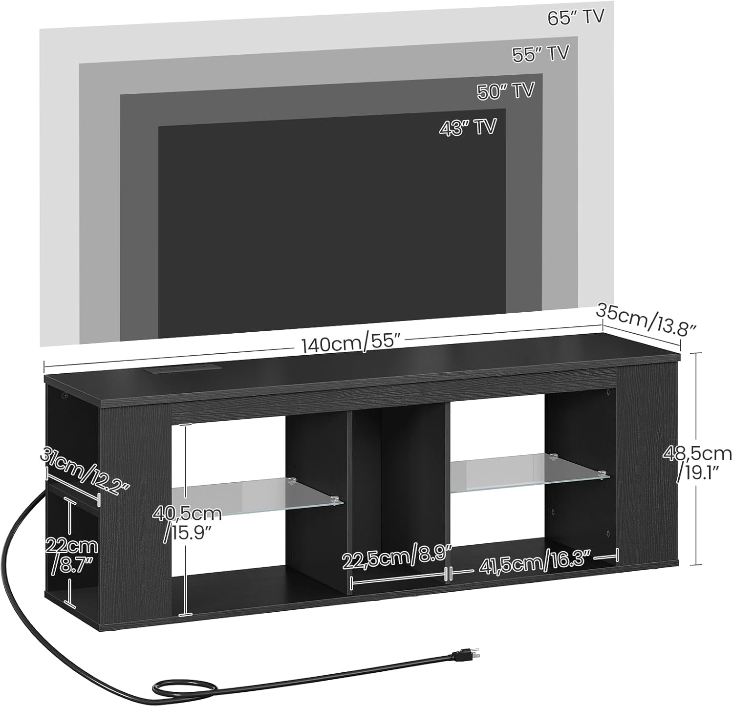 CHOEZON 55' TV Stand for up to 65' TVs with RGB LED Lights, Built-in Power Outlet, Adjustable Glass Shelves & Open Storage, Modern Media Console for Living Room & Game Room, Black MDS05UDBB