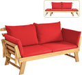 Tangkula Convertible Acacia Wood Patio Couch Sofa Bed with Adjustable Armrest, Outdoor Daybed with Cushion & Pillows, Outside Folding Futon Sofa Couch Bench for Porch, Courtyard, Poolside & Garden