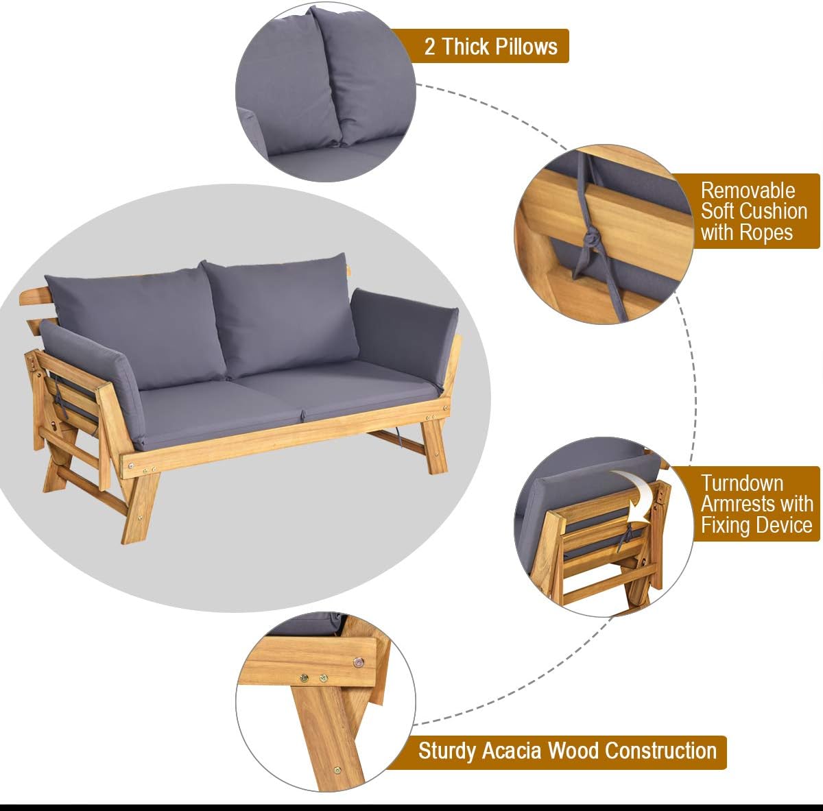 Tangkula Convertible Acacia Wood Patio Couch Sofa Bed with Adjustable Armrest, Outdoor Daybed with Cushion & Pillows, Outside Folding Futon Sofa Couch Bench for Porch, Courtyard, Poolside & Garden