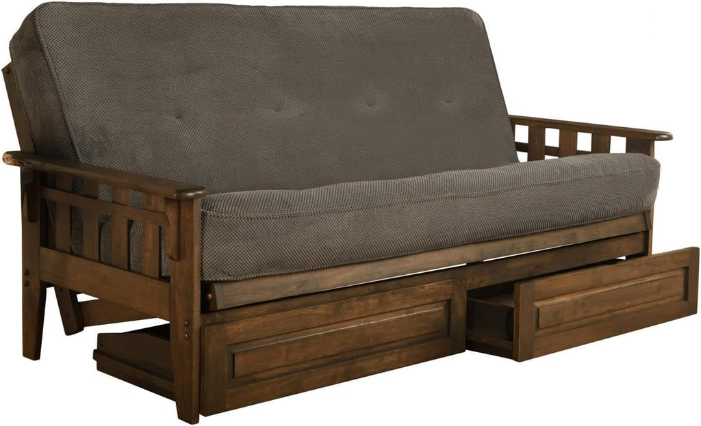 FutonX Rustic Walnut Frame and Mattress Set with Choice to add Drawers, 8 Inch Innerspring Futon Sofa Bed Full Size Wood (Marmont Thunder, Frame and Drawers)